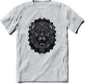 Leeuw - Dieren Mandala T-Shirt | Blauw | Grappig Verjaardag Zentangle Dierenkop Cadeau Shirt | Dames - Heren - Unisex | Wildlife Tshirt Kleding Kado | - Licht Grijs - Gemaleerd - X