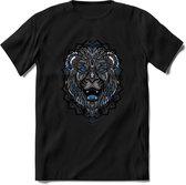Leeuw - Dieren Mandala T-Shirt | Blauw | Grappig Verjaardag Zentangle Dierenkop Cadeau Shirt | Dames - Heren - Unisex | Wildlife Tshirt Kleding Kado | - Zwart - 3XL