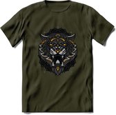 Tijger - Dieren Mandala T-Shirt | Geel | Grappig Verjaardag Zentangle Dierenkop Cadeau Shirt | Dames - Heren - Unisex | Wildlife Tshirt Kleding Kado | - Leger Groen - M