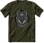 Vos - Dieren Mandala T-Shirt | Groen | Grappig Verjaardag Zentangle Dierenkop Cadeau Shirt | Dames - Heren - Unisex | Wildlife Tshirt Kleding Kado | - Leger Groen - L