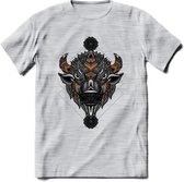 Bizon - Dieren Mandala T-Shirt | Oranje | Grappig Verjaardag Zentangle Dierenkop Cadeau Shirt | Dames - Heren - Unisex | Wildlife Tshirt Kleding Kado | - Licht Grijs - Gemaleerd -