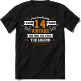 14 Jaar Legend T-Shirt | Goud - Wit | Grappig Verjaardag en Feest Cadeau Shirt | Dames - Heren - Unisex | Tshirt Kleding Kado | - Zwart - M