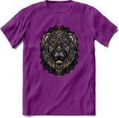 Leeuw - Dieren Mandala T-Shirt | Geel | Grappig Verjaardag Zentangle Dierenkop Cadeau Shirt | Dames - Heren - Unisex | Wildlife Tshirt Kleding Kado | - Paars - XXL