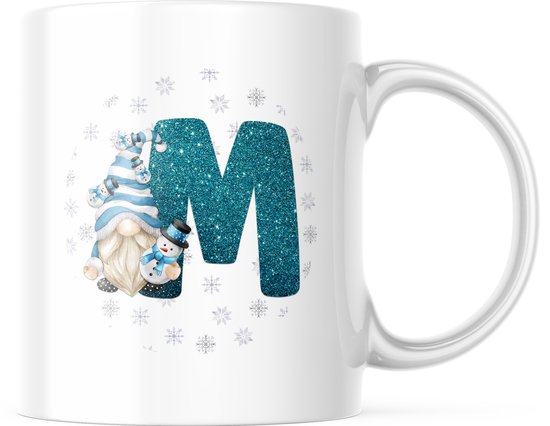 Foto: Kerst mok met afbeelding snowman gnome blauw letter m kerst decoratie kerst versiering grappige cadeaus koffiemok koffiebeker theemok theebeker