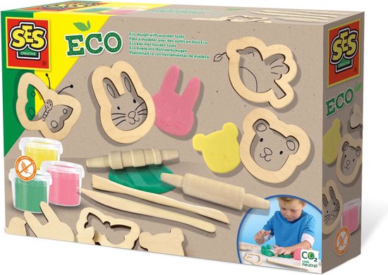 SES - Eco - klei met houten tools - 3 kleuren klei met houten rollers, vormpjes en boetseermessen - makkelijk uitwasbaar