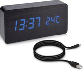 kwmobile digitale wekker in houtlook - Digitale weergave van tijd en temperatuur - Met geluidsactivering - Zwart met blauwe LED verlichting