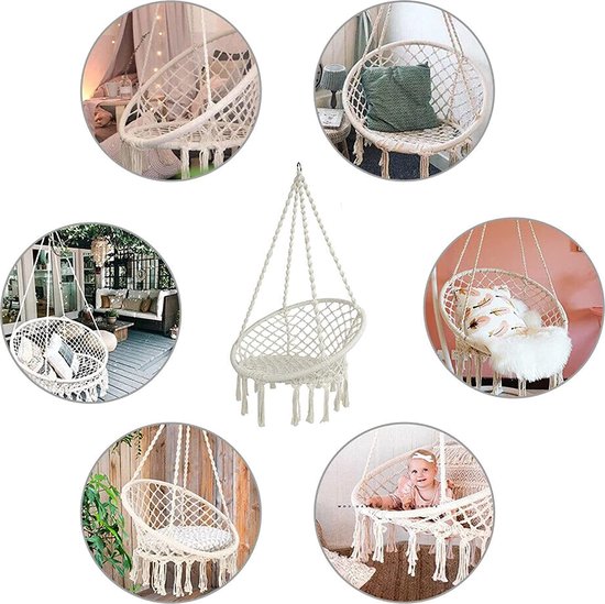 FURNIELLA - Hangstoel hangstoel macramé schommel, outdoor en indoor hangstoel hangmand, 250 kg belastbaarheid schommelmand tuin hangesell (beige)