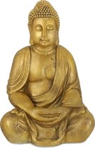 Relaxdays Boeddhabeeld XL - goudkleurig - tuindecoratie - zittende Buddha - weervast