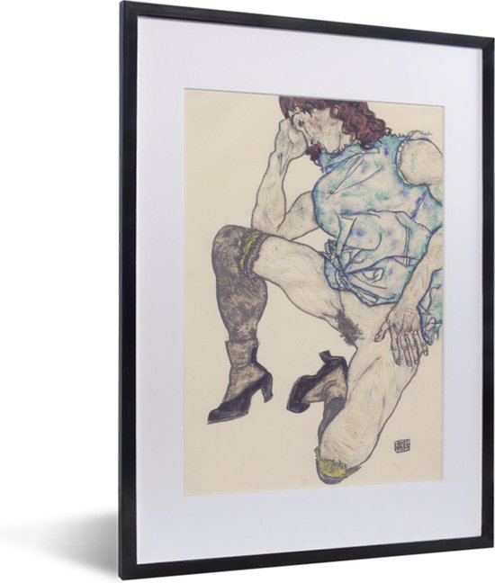 Poster in lijst - Fotolijst 30x40 cm - Posters - Kniendes Mädchen - schilderij van Egon Schiele - Posterlijst zwart - Decoratie - Wanddecoratie woonkamer - Muurdecoratie slaapkamer
