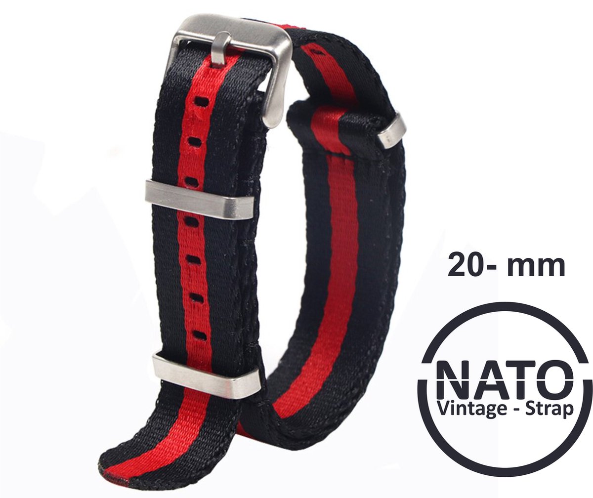 20mm Nato Strap - Zwart Rood Vintage James Bond - Nato Strap collectie - Mannen - Horlogeband - 20 mm bandbreedte