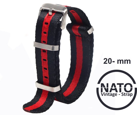 20mm Nato Strap  - Zwart Rood Vintage James Bond - Nato Strap collectie - Mannen - Horlogeband - 20 mm bandbreedte