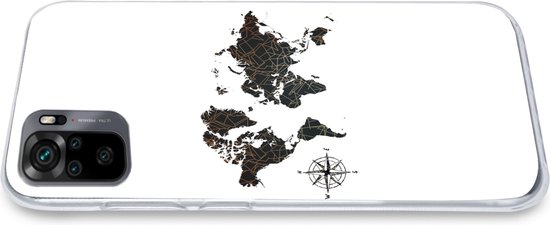 Coque Xiaomi Redmi Note 10 - Carte du Wereldkaart - Or - Zwart - Rose des Vents - Coque de Téléphone en Siliconen