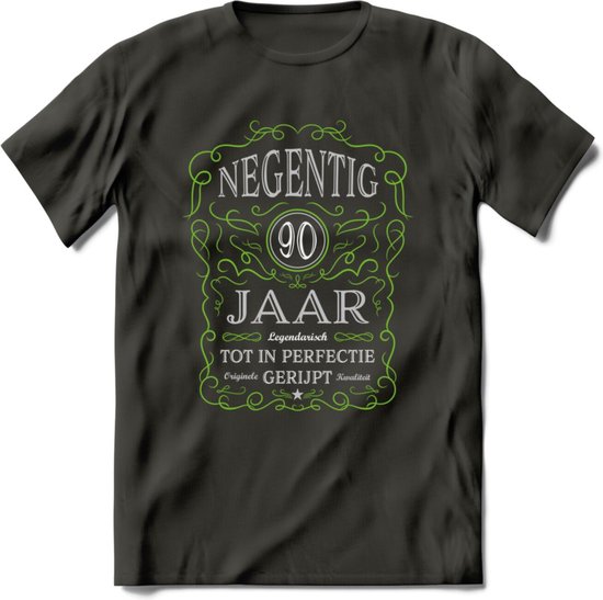 90 Jaar Legendarisch Gerijpt T-Shirt | Groen - Grijs | Grappig Verjaardag en Feest Cadeau Shirt | Dames - Heren - Unisex | Tshirt Kleding Kado | - Donker Grijs - L