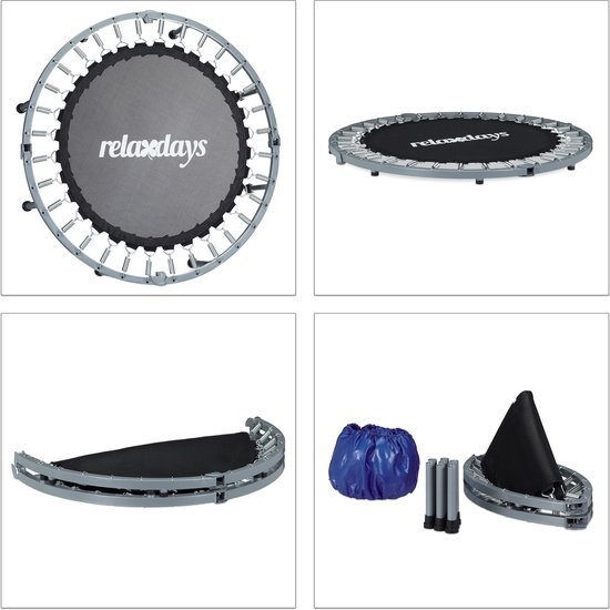 Kollage van een ronde, opvouwbare fitness trampoline met blauwe beschermhoes en grijze poten.