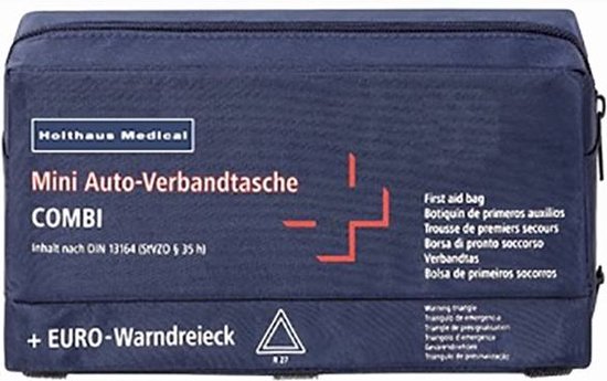 Donkerblauwe stoffen tas met witte en rode opdruk: 'Holthaus Medical', 'Mini Auto-Verbandtas COMBI' en 'EURO-Warndreieck'.