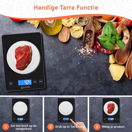 Lekro Digitale Precisie Keukenweegschaal – Weegschaal Keuken - USB Oplaadbaar - 1gr tot 15kg – Tarra Functie - Zwart - Lekro