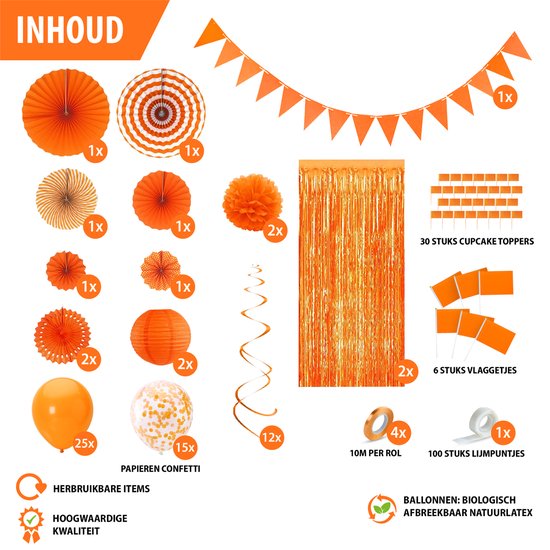 Fissaly 108 Stuks Nederland Oranje Decoratie Set – Feest Verjaardag Versiering met Ballonnen, Vlaggetjes & Slinger – Koningsdag – Voetbal Thema Feest – Ik hou van Holland - Fissaly