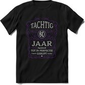 80 Jaar Legendarisch Gerijpt T-Shirt | Paars - Grijs | Grappig Verjaardag en Feest Cadeau Shirt | Dames - Heren - Unisex | Tshirt Kleding Kado | - Zwart - L