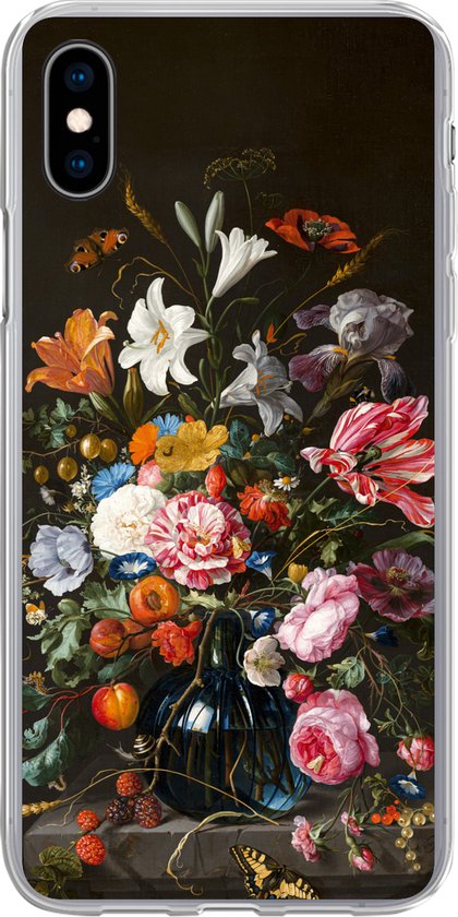 Coque transparente ornée d'un bouquet de fleurs détaillé par Jan Davidsz de Heem, incluant diverses fleurs, fruits et insectes dans un vase.