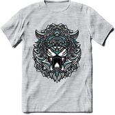Tijger - Dieren Mandala T-Shirt | Lichtblauw | Grappig Verjaardag Zentangle Dierenkop Cadeau Shirt | Dames - Heren - Unisex | Wildlife Tshirt Kleding Kado | - Licht Grijs - Gemalee