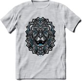 Leeuw - Dieren Mandala T-Shirt | Blauw | Grappig Verjaardag Zentangle Dierenkop Cadeau Shirt | Dames - Heren - Unisex | Wildlife Tshirt Kleding Kado | - Licht Grijs - Gemaleerd - S