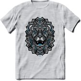 Leeuw - Dieren Mandala T-Shirt | Blauw | Grappig Verjaardag Zentangle Dierenkop Cadeau Shirt | Dames - Heren - Unisex | Wildlife Tshirt Kleding Kado | - Licht Grijs - Gemaleerd - 3