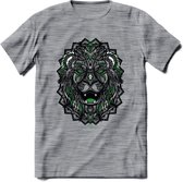 Leeuw - Dieren Mandala T-Shirt | Groen | Grappig Verjaardag Zentangle Dierenkop Cadeau Shirt | Dames - Heren - Unisex | Wildlife Tshirt Kleding Kado | - Donker Grijs - Gemaleerd -