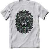 Leeuw - Dieren Mandala T-Shirt | Groen | Grappig Verjaardag Zentangle Dierenkop Cadeau Shirt | Dames - Heren - Unisex | Wildlife Tshirt Kleding Kado | - Licht Grijs - Gemaleerd - X