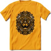 Leeuw - Dieren Mandala T-Shirt | Geel | Grappig Verjaardag Zentangle Dierenkop Cadeau Shirt | Dames - Heren - Unisex | Wildlife Tshirt Kleding Kado | - Geel - S