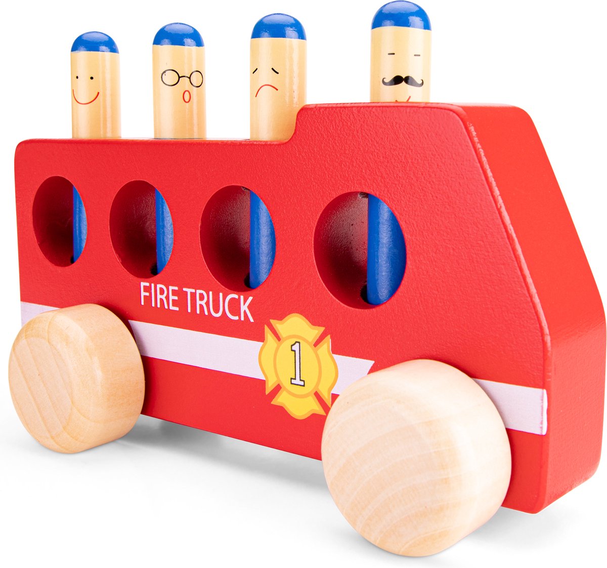 Woet® Houten Pop Up Brandweerauto - Rode Brandweerwagen met Brandweermannen - FSC Speelgoedvoertuig - Actiespel - Educatief Speelgoed - Vanaf 2 Jaar — afbeelding 2