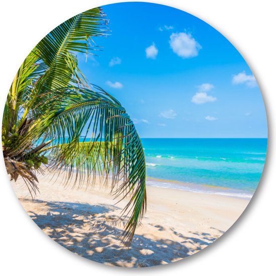 Tropisch strand met palmboom - Muurcirkel 50cm - Wandcirkel voor buiten - Aluminium Dibond - Natuur