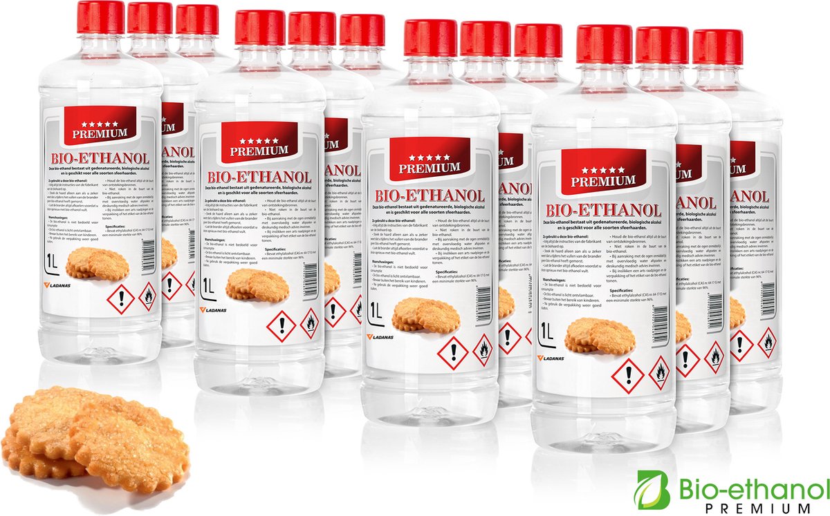Bio-Ethanol 12 x 1 Liter - PREMIUM - Koekjesgeur - Bioethanol 96,6% - Biobrandstof