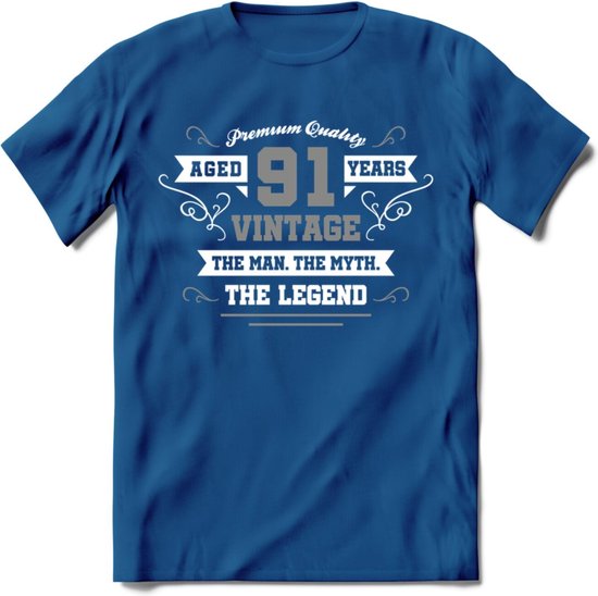 91 Jaar Legend T-Shirt | Zilver - Wit | Grappig Verjaardag en Feest Cadeau | Dames - Heren - Unisex | Kleding Kado | - Donker Blauw - M