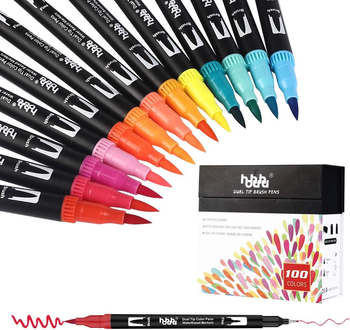 100 verschillende kleuren marker set, brush pen set fiber pennen, aquarel brush pennen markeerstift set dubbele punt markeerstift, bullet journal pennen HO-100B