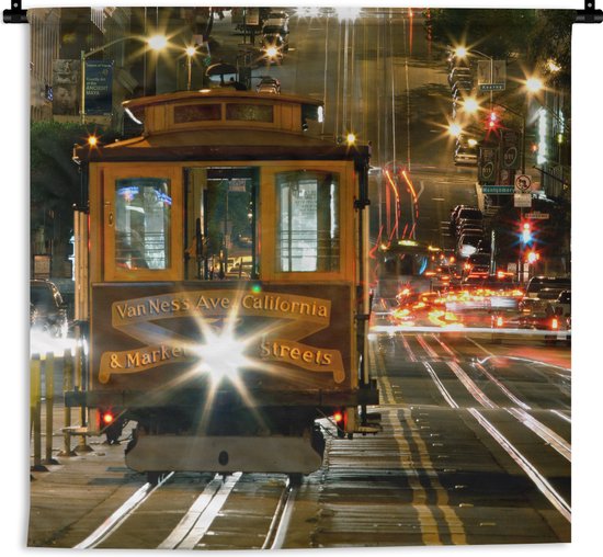 Wandkleed - Wanddoek - De tram van San Francisco in de nacht - 60x60 cm - Wandtapijt
