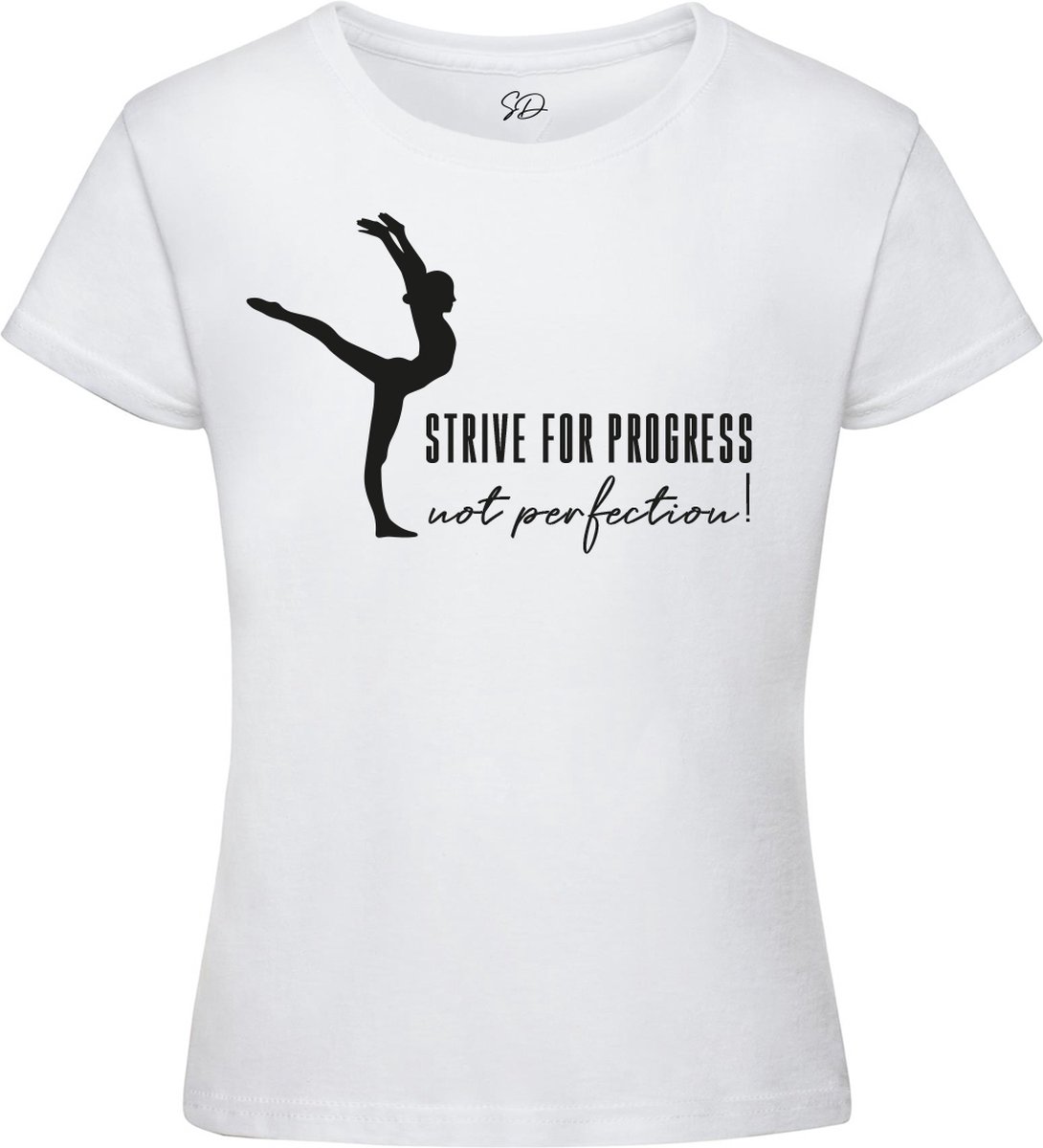Sparkle&Dream - T-Shirt \'Strive for Progress\' Wit - Maat M - voor Turnen en Gymnastiek