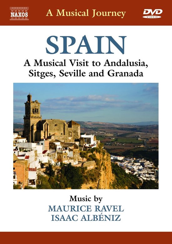 DVD-hoes met de titel A Musical Journey: Spain. De afbeelding toont een stad op een klif.