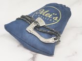 Mei's | Viking Wrapped Axe | armband mannen / Viking sieraad / wikkelarmband | Echt Leer / 316L Stainless Steel / Chirurgisch Staal | polsmaat 17,5 cm / zwart / zilver / bijl