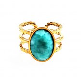 Dottilove Brede Ring Dames - 14K Geelgoud Verguld RVS - Ring met Gefacetteerde Turquoise Steen