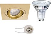 LED Spot Set - Pragmi Borny Pro - GU10 Fitting - Inbouw Vierkant - Mat Goud - Kantelbaar - 92mm - Philips - SceneSwitch 827 36D - 1.5W-5W - Warm Wit 2200K-2700K - Dimbaar - BES LED