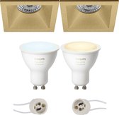 Prima Pollon Pro - Inbouw Vierkant - Mat Goud - Verdiept - 82mm - Philips Hue - LED Spot Set GU10 - White Ambiance - Bluetooth
