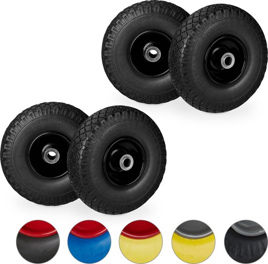 relaxdays 4 x roue de diable - pneu en caoutchouc - charrette à main - 100 kg - jante en acier - noir