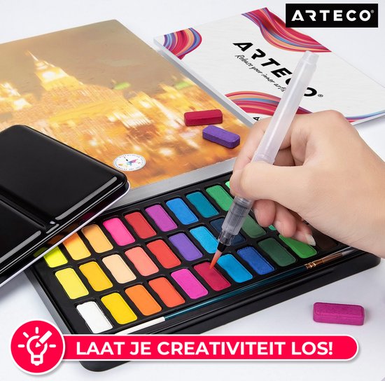 ARTECO® 36 Kleuren Aquarelverf Set – Inclusief 3 Water Brush Pennen en Aquarelpapier - Waterverf - Cadeau