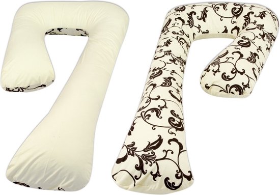 Zijslaapkussen - 235 cm - 100% katoen - crème en crème met blaadjes