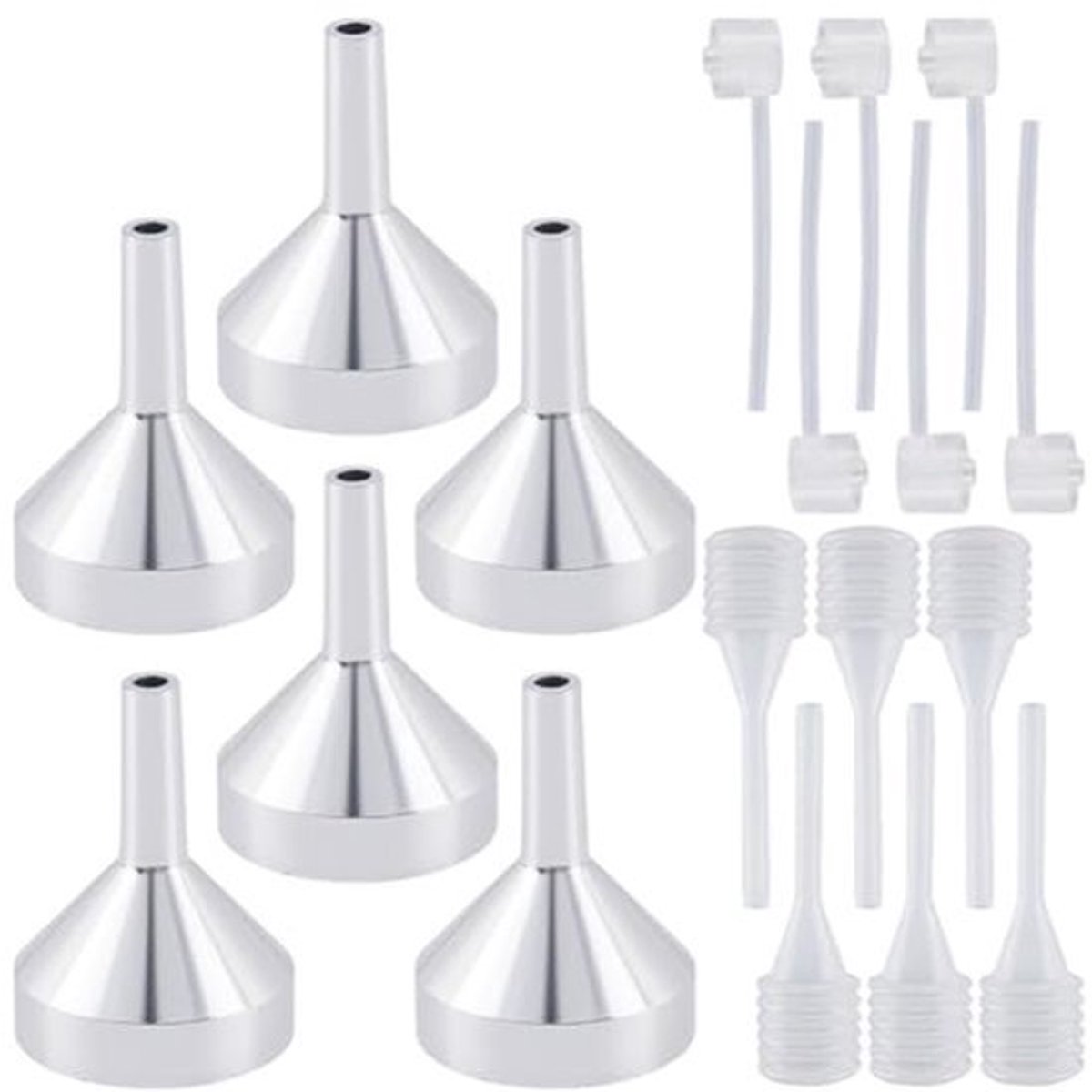 6 Stuks Mini Aluminium Trechter - Platina Kleur - Met Pipetten Voor Parfum Vulling