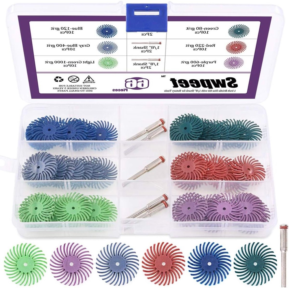 66Pcs 1 Inch 6 Mixed Grit 80/120/220/400/600/1000 Radial Bristle Disc Abrasive Brush Gap Polishing Pad Buffing Wheel Assortment Kit met 1/8" Shank voor Rotary Tools - Schoonmaken - Polijsten