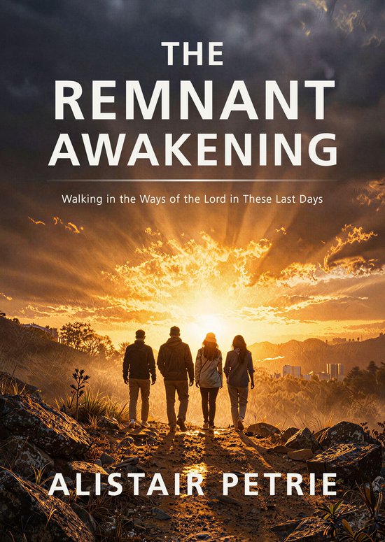 Boekcover 'The Remnant Awakening' met vier silhouetten die naar een gloeiende zonsondergang lopen. Tekst: THE REMNANT AWAKENING, Walking in the Ways of the Lord in These Last Days, ALISTAIR PETRIE.