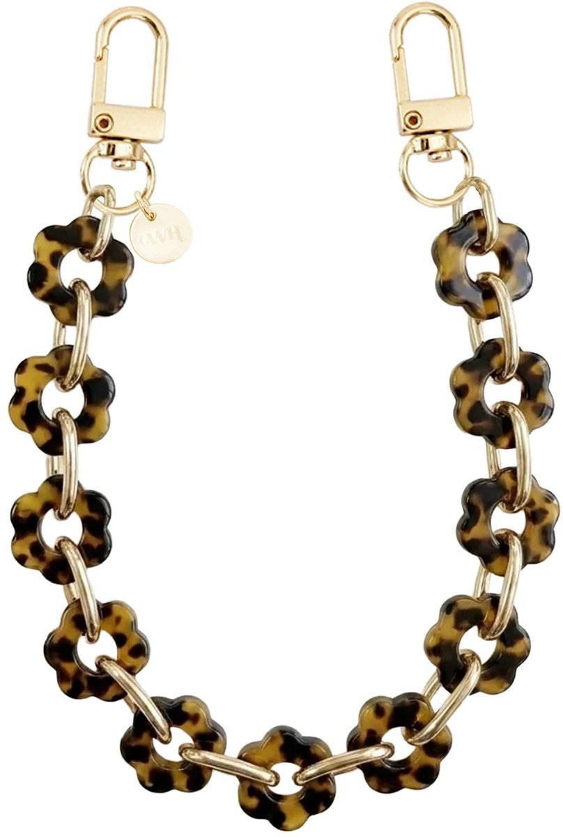 xoxo Wildhearts telefoonkoord - Leopard Flowers - Kort koord - Geschikt voor iPhone - Geschikt voor Samsung - Universeel - Phone cord - Telefoonketting - Koord voor telefoon - Telefoon hanger schakelketting met bloemen - Luipaard print