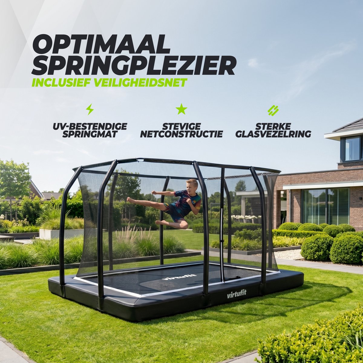 VirtuFit Inground / Inbouw Trampoline met Veiligheidsnet - 183 x 274 cm - Incl. Beschermrand - Extra Veilig - Water- en UV-bestendig - Max. 150 kg - Voor Kinderen en Volwassenen - Zwart — afbeelding 11