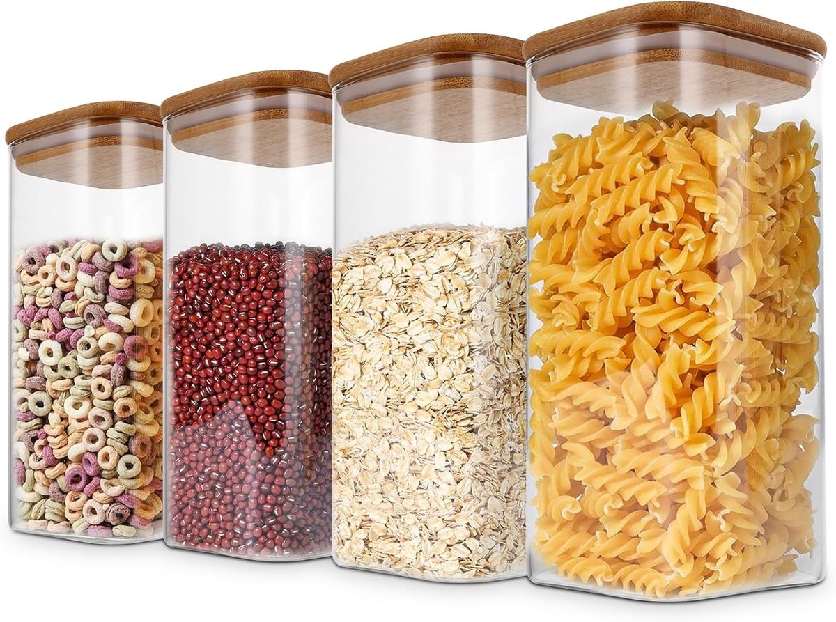 Set van 4 Glazen Opbergpotten met Deksel - 1500ml voor Snacks, Granen en Bloem